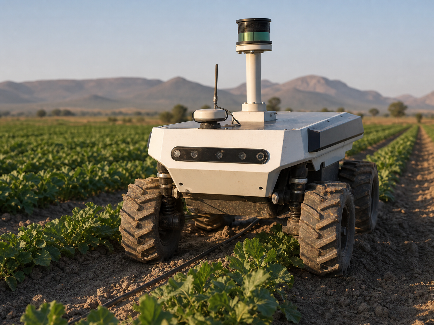Autonomous agricultural rover moving between crop rows.