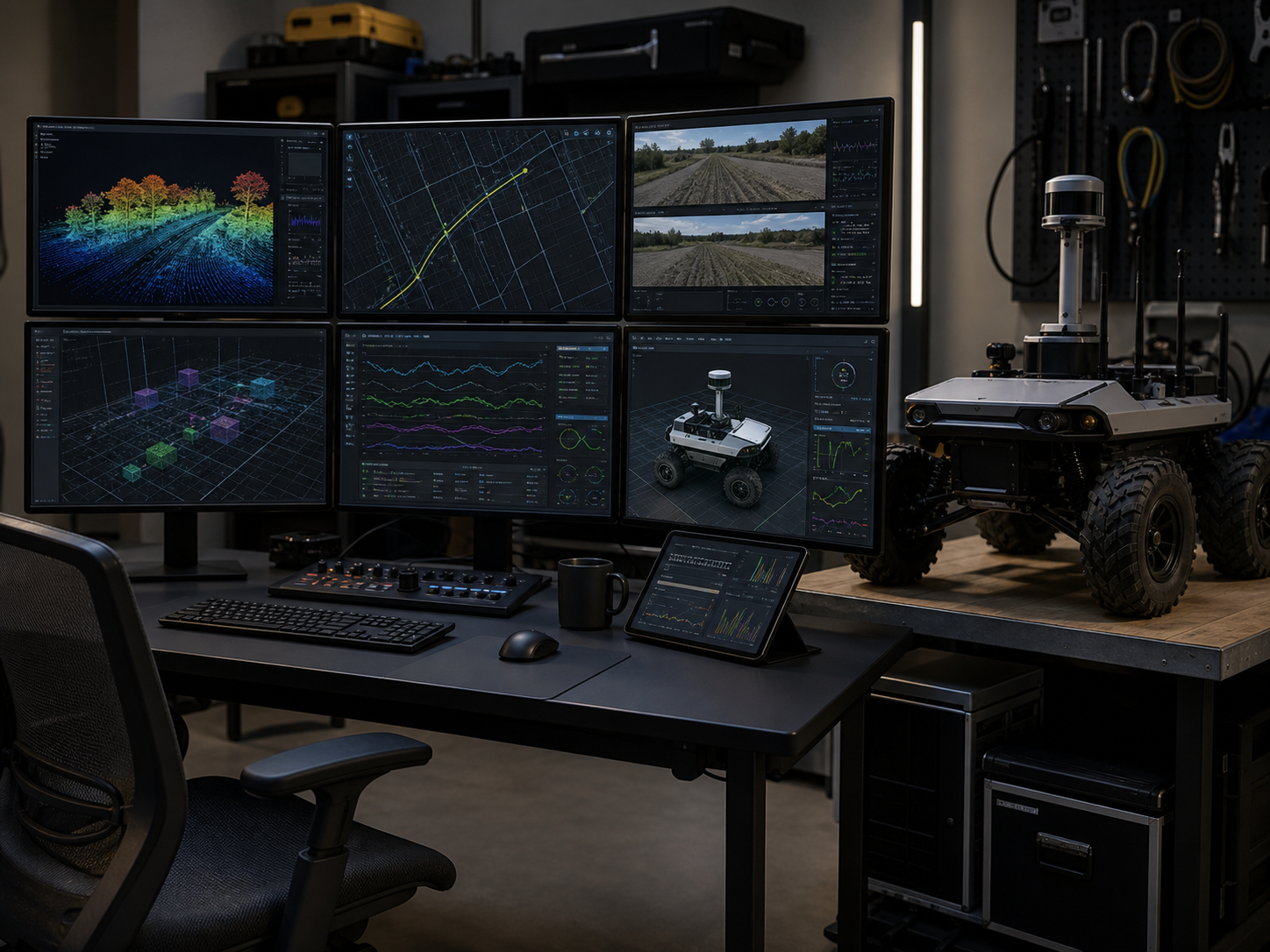 AI robotics operations desk with telemetry screens and a robot prototype.