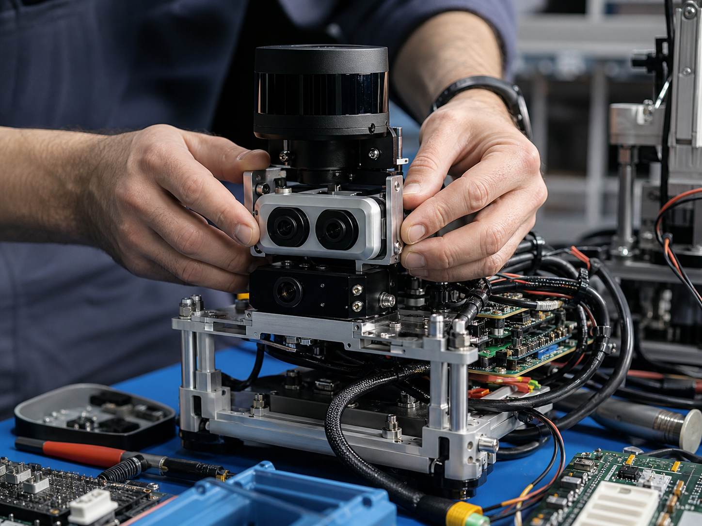 Engineer assembling a robotics sensor module on a workshop bench.